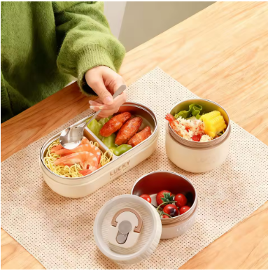 Double-Layer Insulated Divided Lunch Box with Handle – Kids & Student Leak-Proof 304 Stainless Steel Bento Box, Microwave Safe Lunch Container