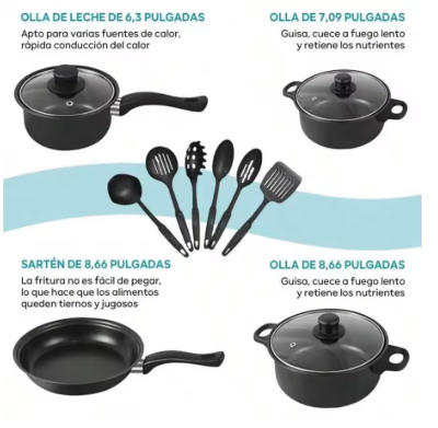 13-Piece Non-Stick Cookware Set – Induction Ready Frying Pan & Soup Pot Set with Cooking Spoons, Black Kitchen Pots & Pans Set