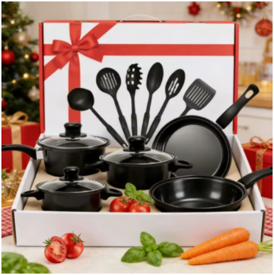 13-Piece Non-Stick Cookware Set – Induction Ready Frying Pan & Soup Pot Set with Cooking Spoons, Black Kitchen Pots & Pans Set