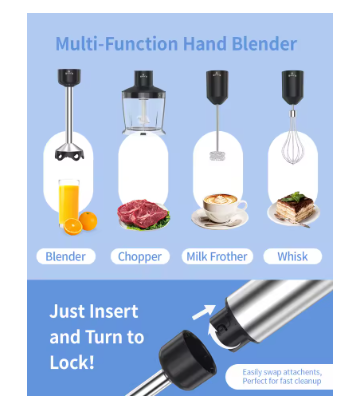 1000W Electric Hand Blender 5-in-1 – Immersion Stick Blender with Whisk, Chopper & Beaker for Soups, Smoothies, Purees & Baby Food