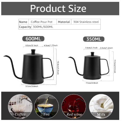 350/600ML Gooseneck Pour Over Coffee Kettle – Stainless Steel Drip Kettle with Swan Neck Thin Spout for Precise Brewing