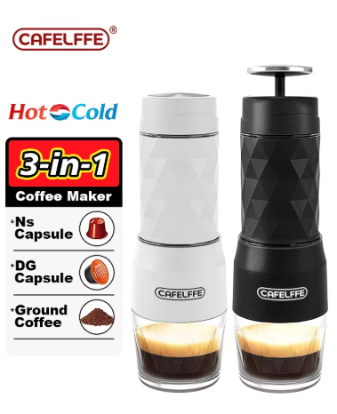 Cafelffe 3-in-1 Portable Coffee Machine – Manual Espresso Maker for Capsule & Ground Coffee, Hot/Cold Water Hand Press Brewer for Travel & Hiking