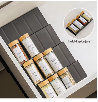4-Tier Adjustable Spice Rack Organizer – Expandable Kitchen Drawer & Cabinet Spice Holder for Spice Jars, Seasoning Bottles & Pantry Storage