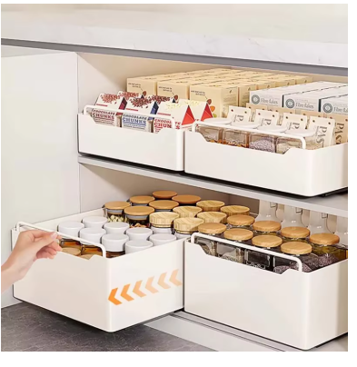 Pull-Out Kitchen Storage Rack with Slide Rails – Drawer-Type Cabinet Organizer Tray for Spices, Bottles & Pantry Storage