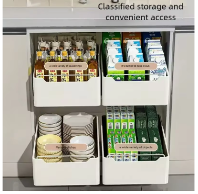 Pull-Out Kitchen Storage Rack with Slide Rails – Drawer-Type Cabinet Organizer Tray for Spices, Bottles & Pantry Storage