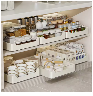 Metal Pull-Out Kitchen Storage Rack with Slide Rails – Drawer Organizer Tray for Spices, Bottles & Cabinet Pantry Storage