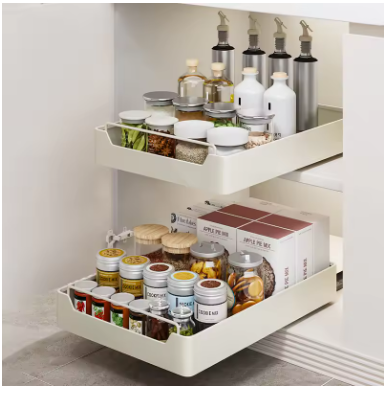 Metal Pull-Out Kitchen Storage Rack with Slide Rails – Drawer Organizer Tray for Spices, Bottles & Cabinet Pantry Storage