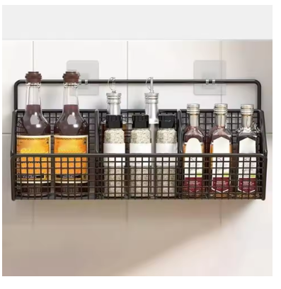 Wall-Mounted Kitchen Storage Basket – Drill-Free Iron Partition Rack for Spices, Ingredients & Kitchen Organizer Storage