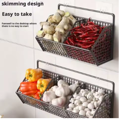 Wall-Mounted Kitchen Storage Basket – Drill-Free Iron Partition Rack for Spices, Ingredients & Kitchen Organizer Storage