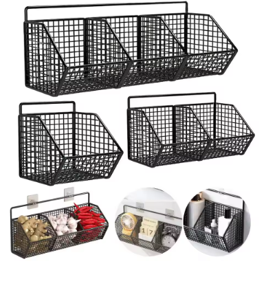 Wall-Mounted Kitchen Storage Basket – Drill-Free Iron Partition Rack for Spices, Ingredients & Kitchen Organizer Storage