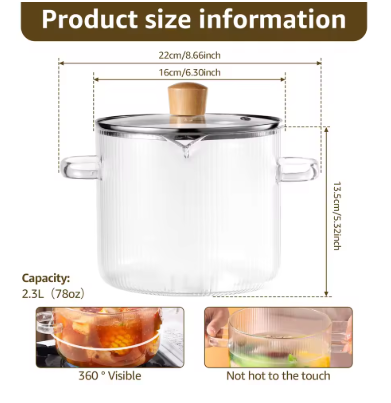 1.6L / 2.3L Glass Cooking Pot with Lid – High Borosilicate Heat-Resistant Saucepan for Soup, Cereal & Baking, Clear Stove Safe Cookware