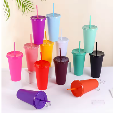 24oz Reusable Tumbler Cup with Straw – Matte Finish Plastic Drinking Cup for Coffee, Milk Tea, Water & Cold Drinks (710ml)