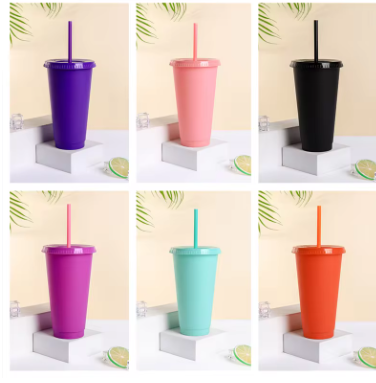 24oz Reusable Tumbler Cup with Straw – Matte Finish Plastic Drinking Cup for Coffee, Milk Tea, Water & Cold Drinks (710ml)