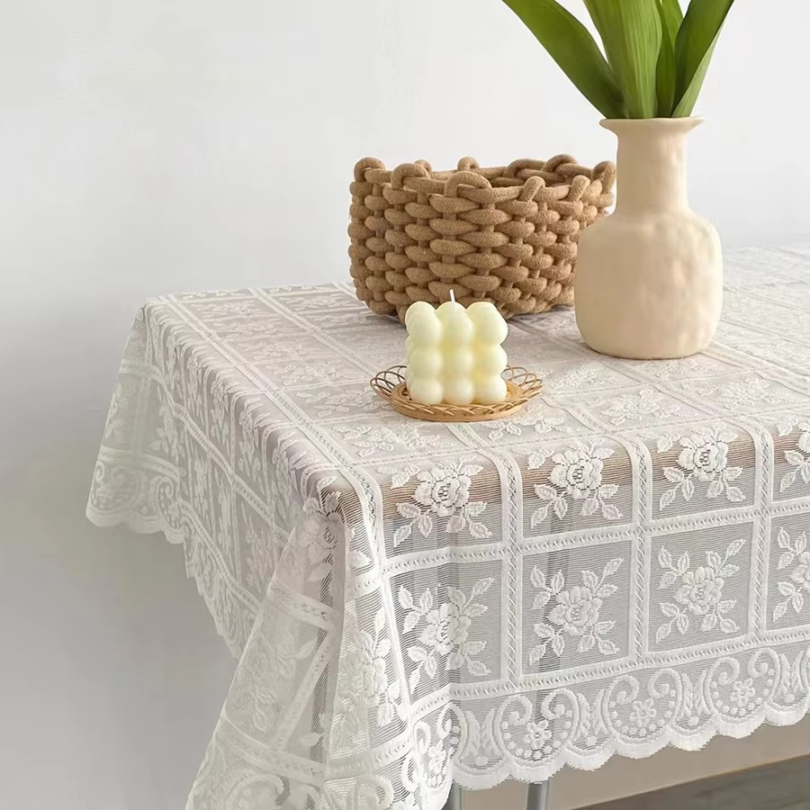 Antique Embroidered Lace Tablecloth – Elegant Solid Color Floral Cut Design, 100% Polyester Square Table Cover for Dining & Home Decor