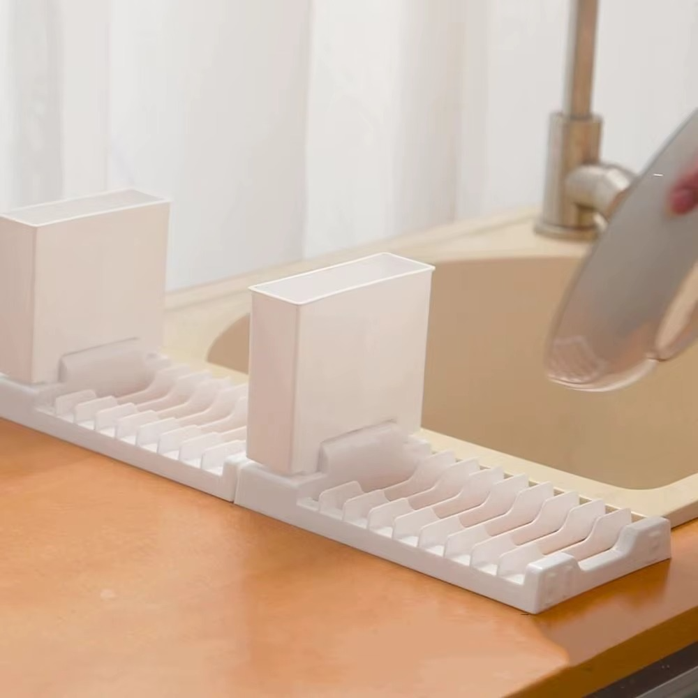 Plastic Foldable Dish Drying Rack 2-in-1 – Large Capacity Kitchen Dish Drainer with Utensil & Chopstick Holder, Space-Saving Organizer