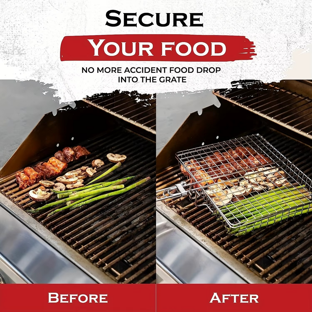 Portable Grill Basket, BBQ Grilling Basket for Outdoor Grill with Removable Handle, Stainless Steel Camping Cooking Grill Accessories for Chicken Fish Vegetable