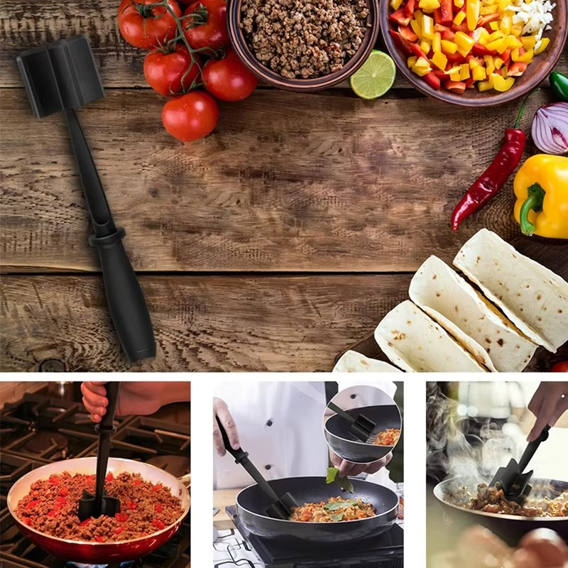 Meat Masher, Ground Beef Chopper Tool with 5 Curve Blades & Ergonomic Non-Slip Handle, Nylon Hamburger Smasher Tool Heat Resistant Non Stick(Black)