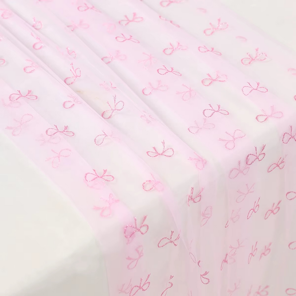 Pink Bow Theme Table Runner – Mesh Lace Birthday Decoration, Girls Pink Bow Party Table Runner for Birthday, Baby Shower & Wedding Party Supplies
