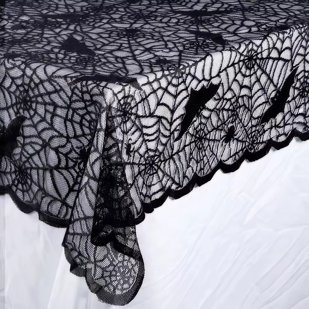 Halloween Lace Tablecloth – Bat Net Skull Pattern Rectangular Table Cover, Pumpkin Haunted House Party Decoration Cloth