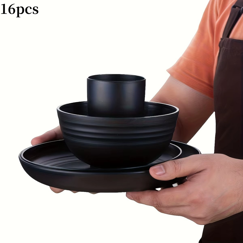 16-PC Unbreakable Plastic Dinnerware Set | Microwave & Dishwasher Safe Plates Bowls Cups | Heavy Duty Home/Commercial Use