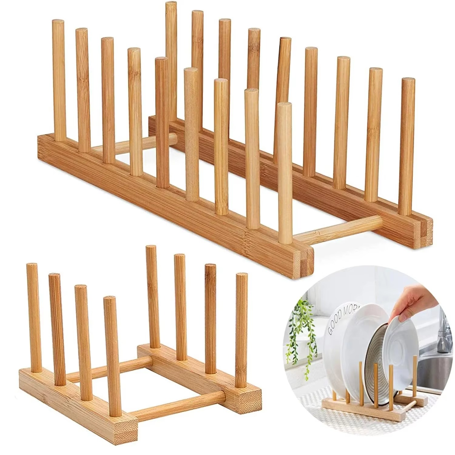 Wooden Dish Drying Rack – Kitchen Dish Drainer Stand for Plates, Cups & Pot Lids, Natural Wood Organizer Drying & Display Shelf