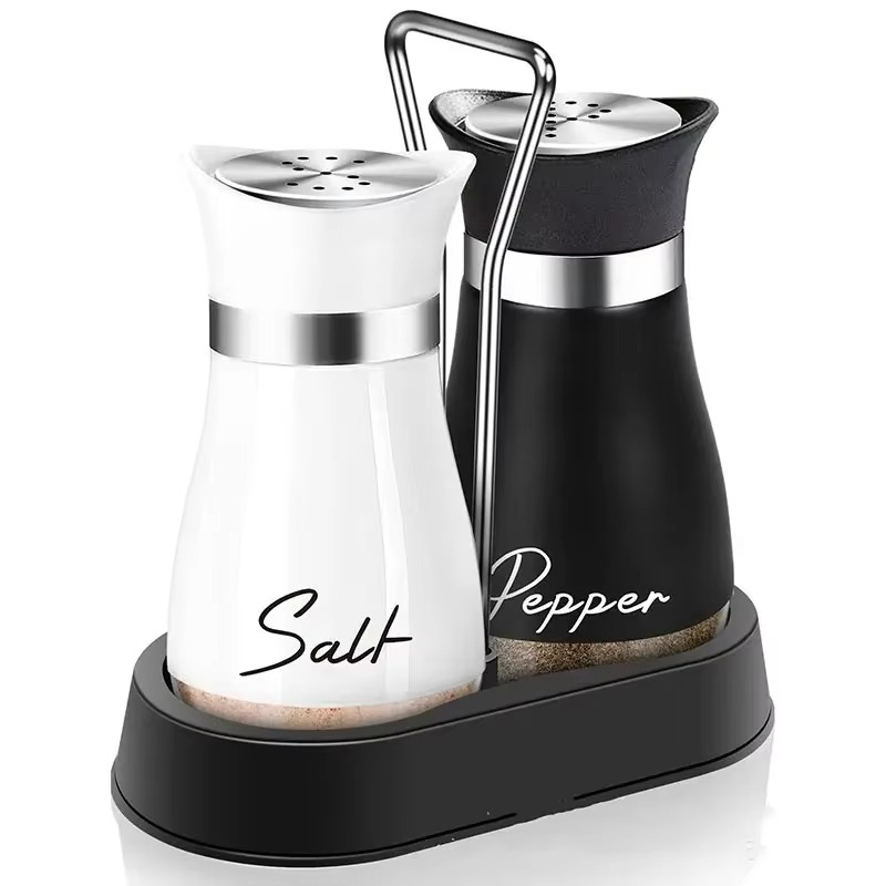 2PCS Glass Spice Bottles Set with Shelf – Adjustable Salt & Pepper Shakers, Refillable Seasoning Dispenser with Pour Control Holes