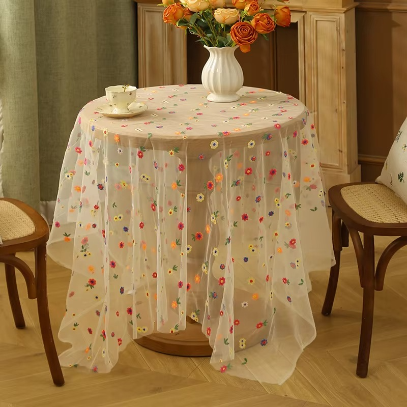 Stylish Embroidered Floral Tablecloth – Colorful Mesh Lace & Soft Tulle Fabric Table Cover for Wedding, Dining & Dressing Table Decor