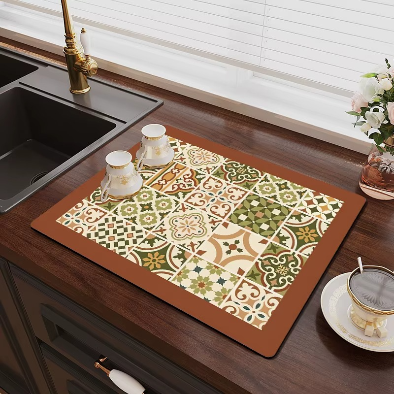 Retro Kitchen Mat – Super Absorbent Quick-Dry Drain Pad – Coffee Bar Drying Carpet for Kitchen Sink, Tableware Drainer Mat – Anti-Slip Absorbent Kitchen Decor Rug