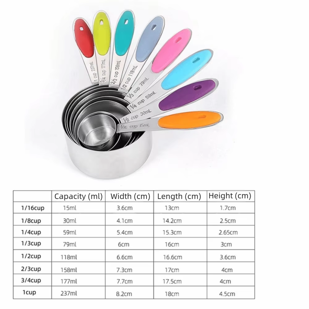 13-piece Measuring Cups and Spoons Set, Stainless Steel Heavy Duty Ergonomic Handle with Ring Connector, Silver