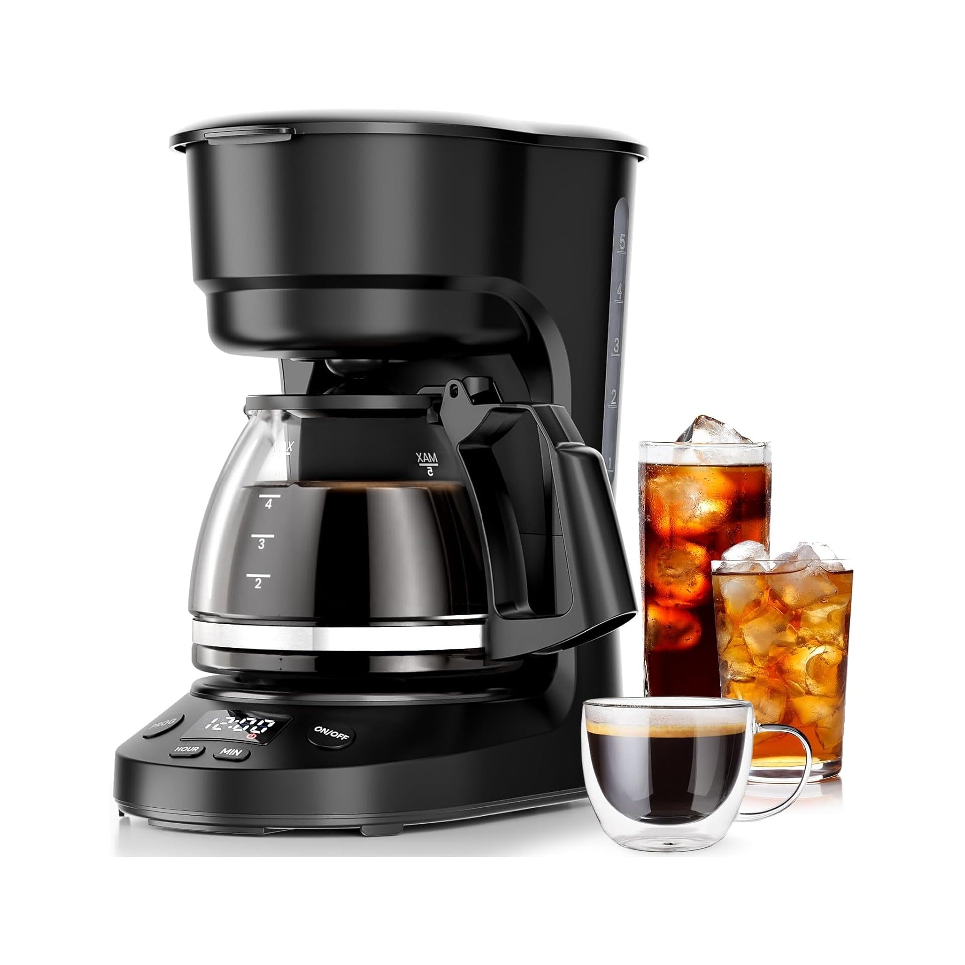 5-Cup Drip Coffee Machine with LED Display, Small Coffee Maker with Anti-Drip, Timer, Auto Shut-Off, Dry-Boil Protection, Removable Funnel, Compact, Ideal for Home & Office