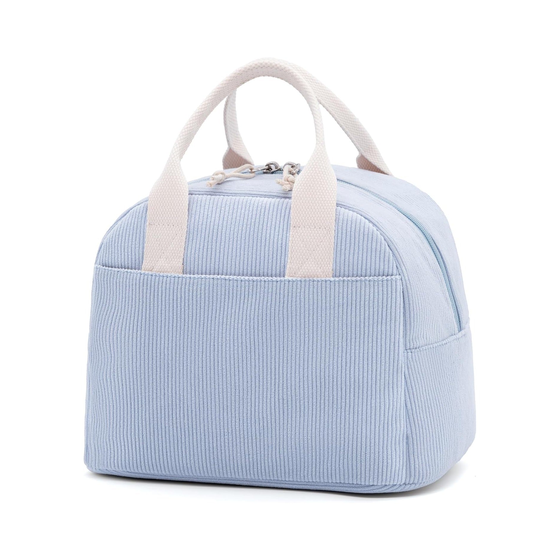 Insulated Cloud Blue Lunch Bag for Women, Stylish Corduroy Tote with Aluminum Lining, Large Capacity Reusable Cooler for Work, Travel, Beach or Picnic, Cloud Blue Water-Resistant Lunch Box