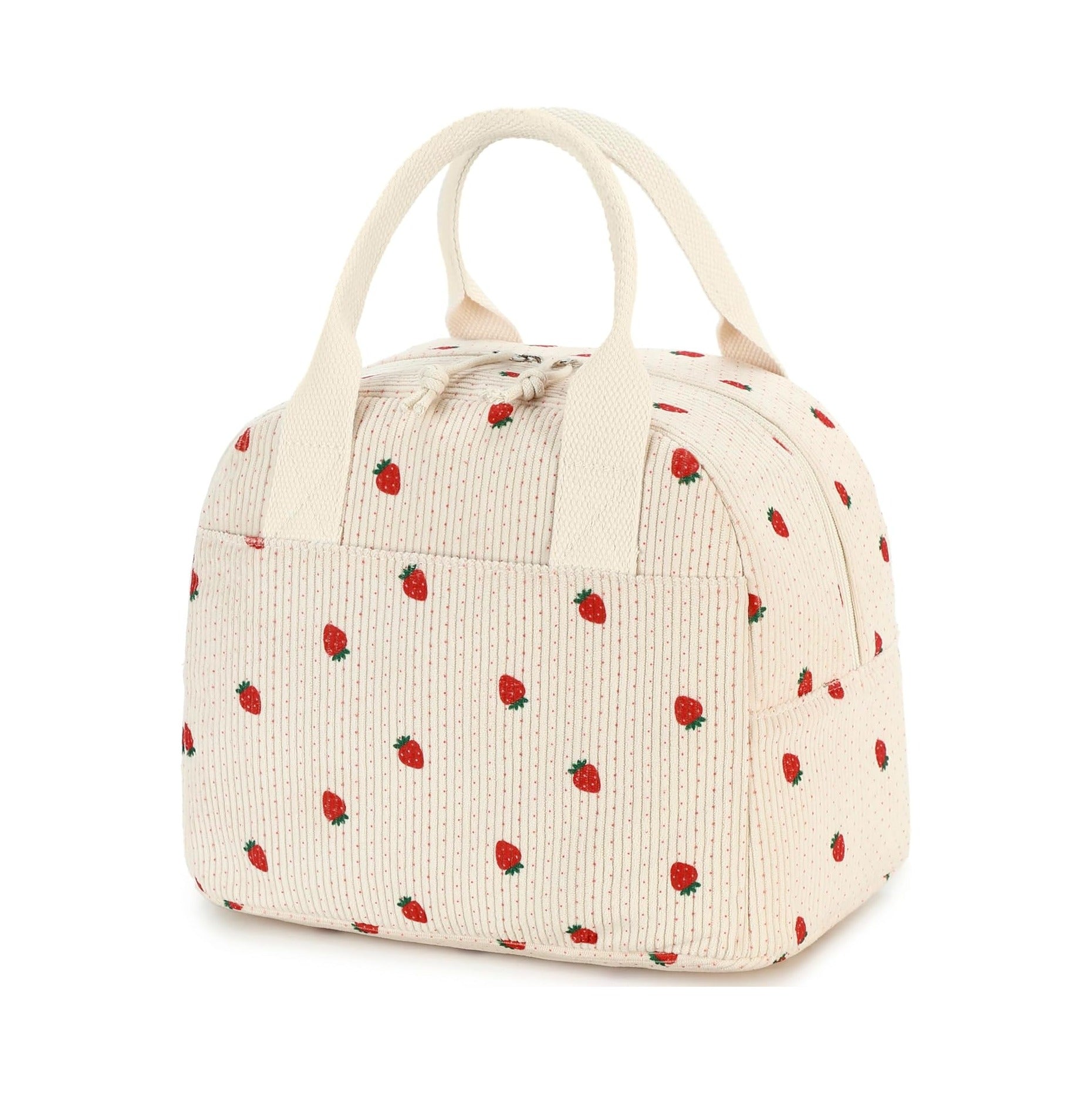 Insulated Strawberry Lunch Bag for Women, Stylish Corduroy Tote with Aluminum Lining, Large Capacity Reusable Cooler for Work, Travel, Beach or Picnic, Beige Cream Water-Resistant Lunch Box
