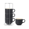 Coffee Mug Ceramic Set of 4 with Stand - 15 oz Stackable Large Porcelain Ribbed Latte Cup Set for Cappuccino, Tea, Hot Cocoa, Drinks - Dishwasher & Microwave Safe, Black