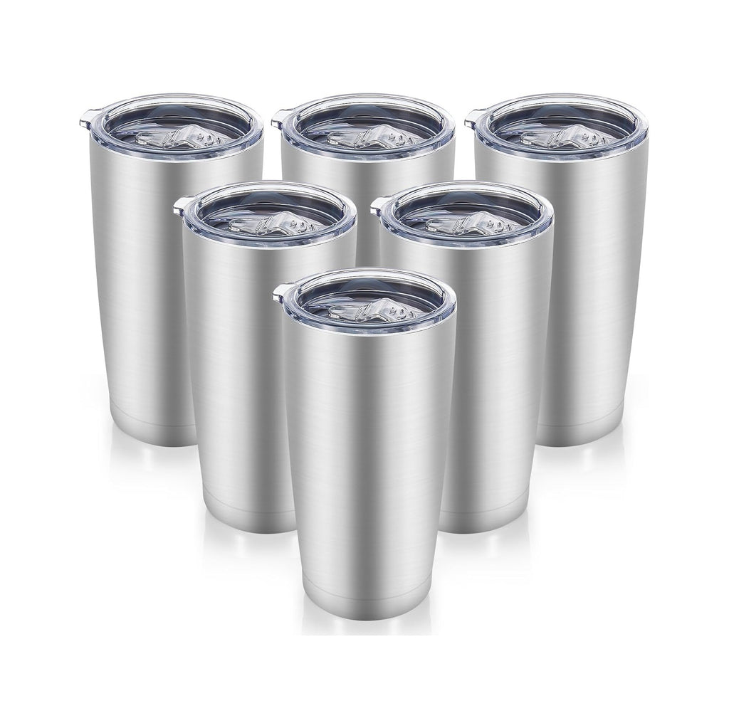 20 oz Tumblers Bulk Stainless Steel Tumbler with Lid Double Wall Vacuum Insulated Coffee Mug 20oz Powder Coated Cup for Hot and Cold Drinks, Stainless, 6 pack