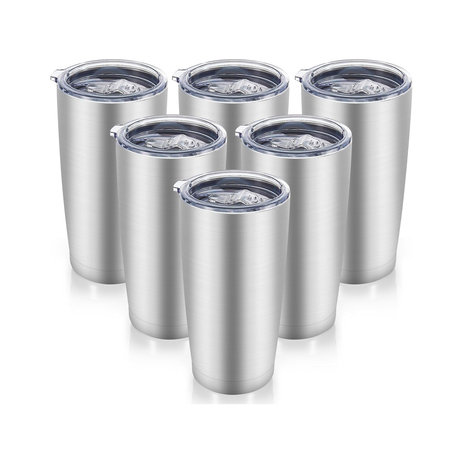 20 oz Tumblers Bulk Stainless Steel Tumbler with Lid Double Wall Vacuum Insulated Coffee Mug 20oz Powder Coated Cup for Hot and Cold Drinks, Stainless, 6 pack