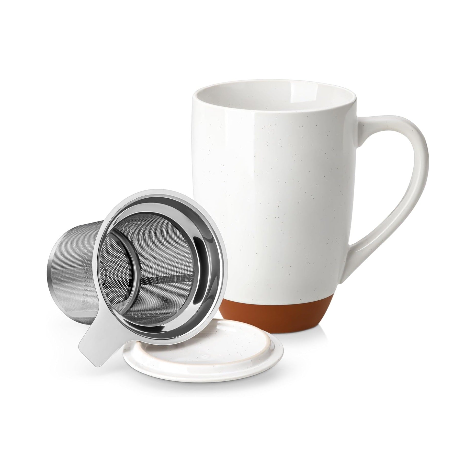 Ceramic Tea Mug with Lid and Stainless Steel Infuser, 18 oz Large Tea Cup for Loose Leaf Tea, Heat-Resistant, Microwave & Dishwasher Safe, Speckled Glaze Coffee & Tea Brewer Mug, Khaki White