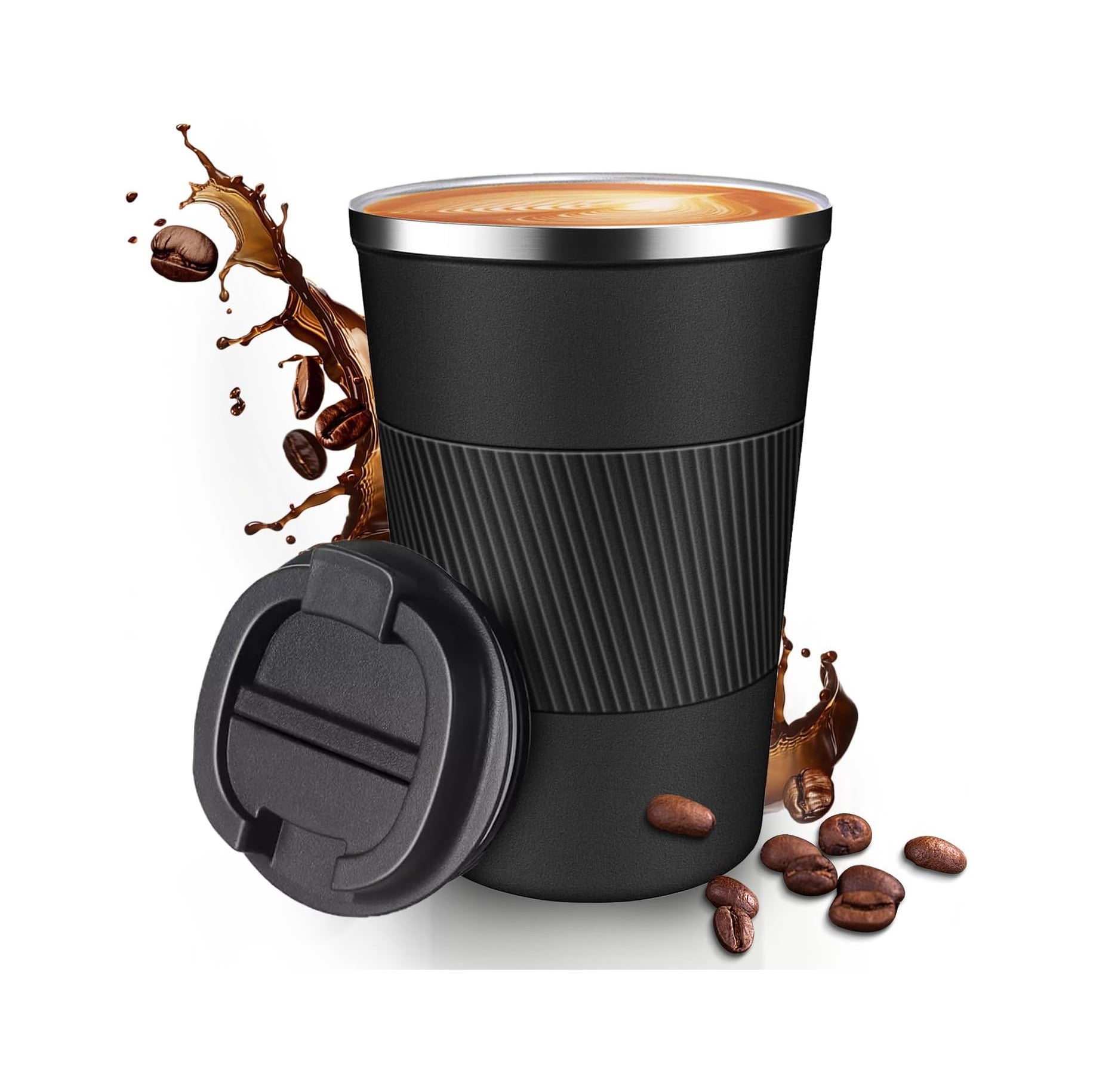 12OZ Travel Coffee Mug Insulated Coffee Cup with Spill Leak Proof Lid, Portable Stainless Steel Tumbler Reusable Hot and Cold Water Mug for Car, Daily, Camping-Black