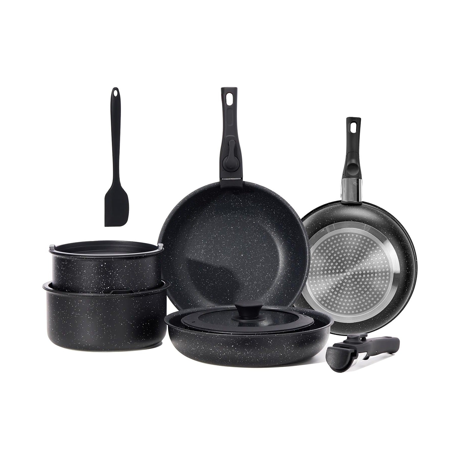 12 pcs Pots and Pans Set, Nonstick Kitchen Induction Cookware Suit with Detachable Handle, Dishwasher Oven Safe, Black