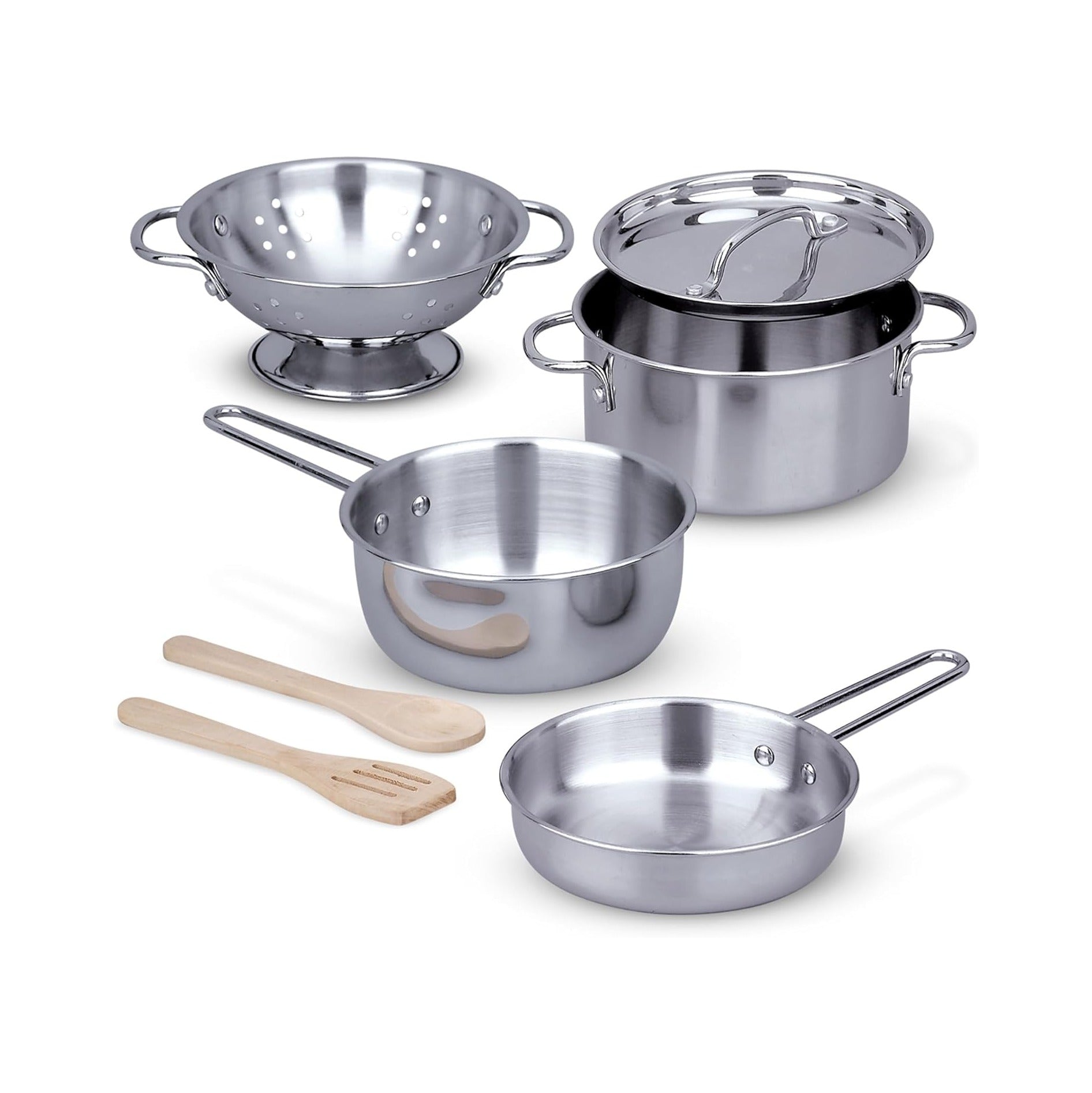 Stainless Steel Pots & Pans, 8 Piece Play Kitchen Set, Premium Play Kitchen Accessories & Cooking Utensils, Preschool Toys for Kids 3+