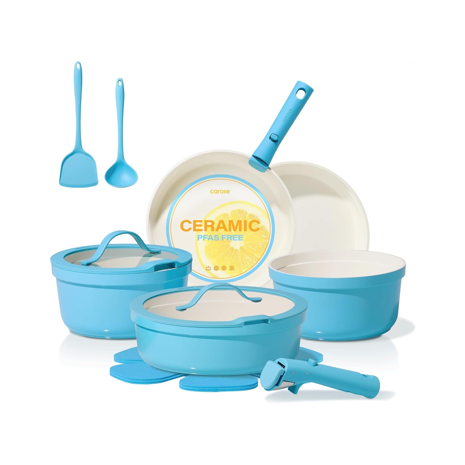 15pcs Pots and Pans Set,Ceramic Cookware Sets Non Stick with Detachable Handle, Induction Kitchen Pots and Pans,RV Cooking Set, Oven/Dishwasher/Fridge Safe, Space Saving