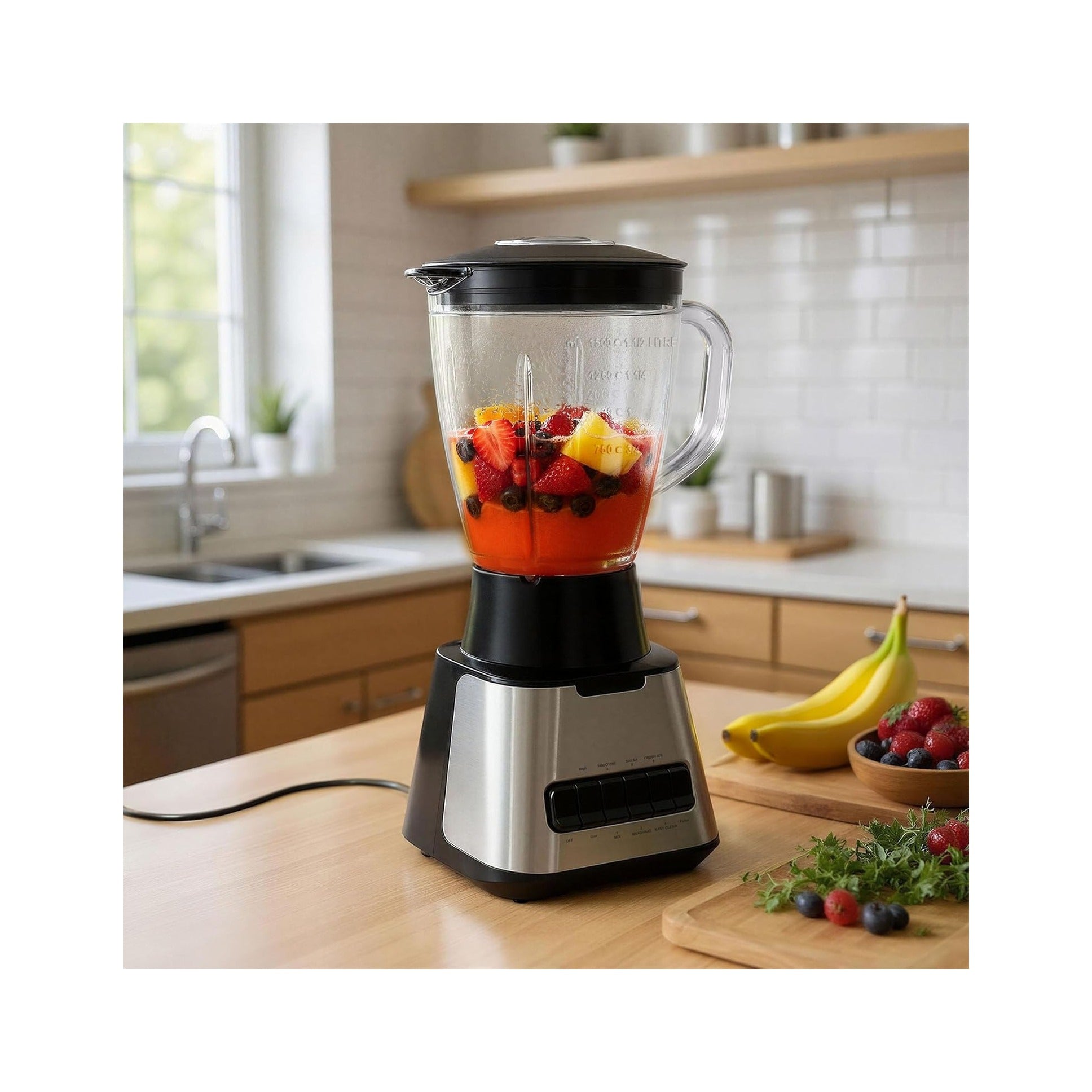 Powerful 700W Countertop Blender with 6-Cup (50 Fl. Oz) Glass Jar, 6 Pre-Programmed Functions, Ice Crush, Stainless Steel Blades, Black & Silver