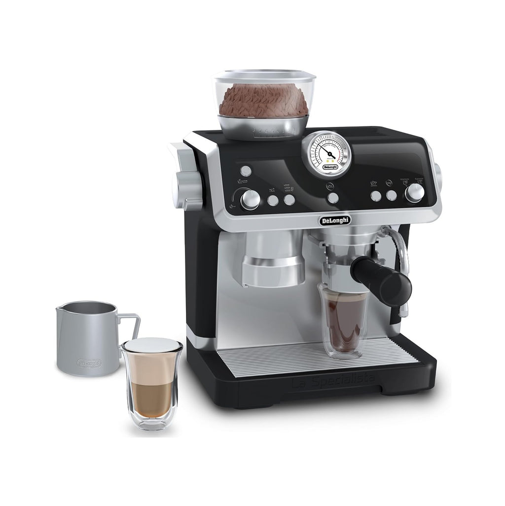 De'Longhi Toys Barista Coffee Machine. Toy Kitchen Playset for Kids with Moving Parts, Realistic Sounds and Magic Coffee Reveal. For Children Aged 3+, Silver, Black