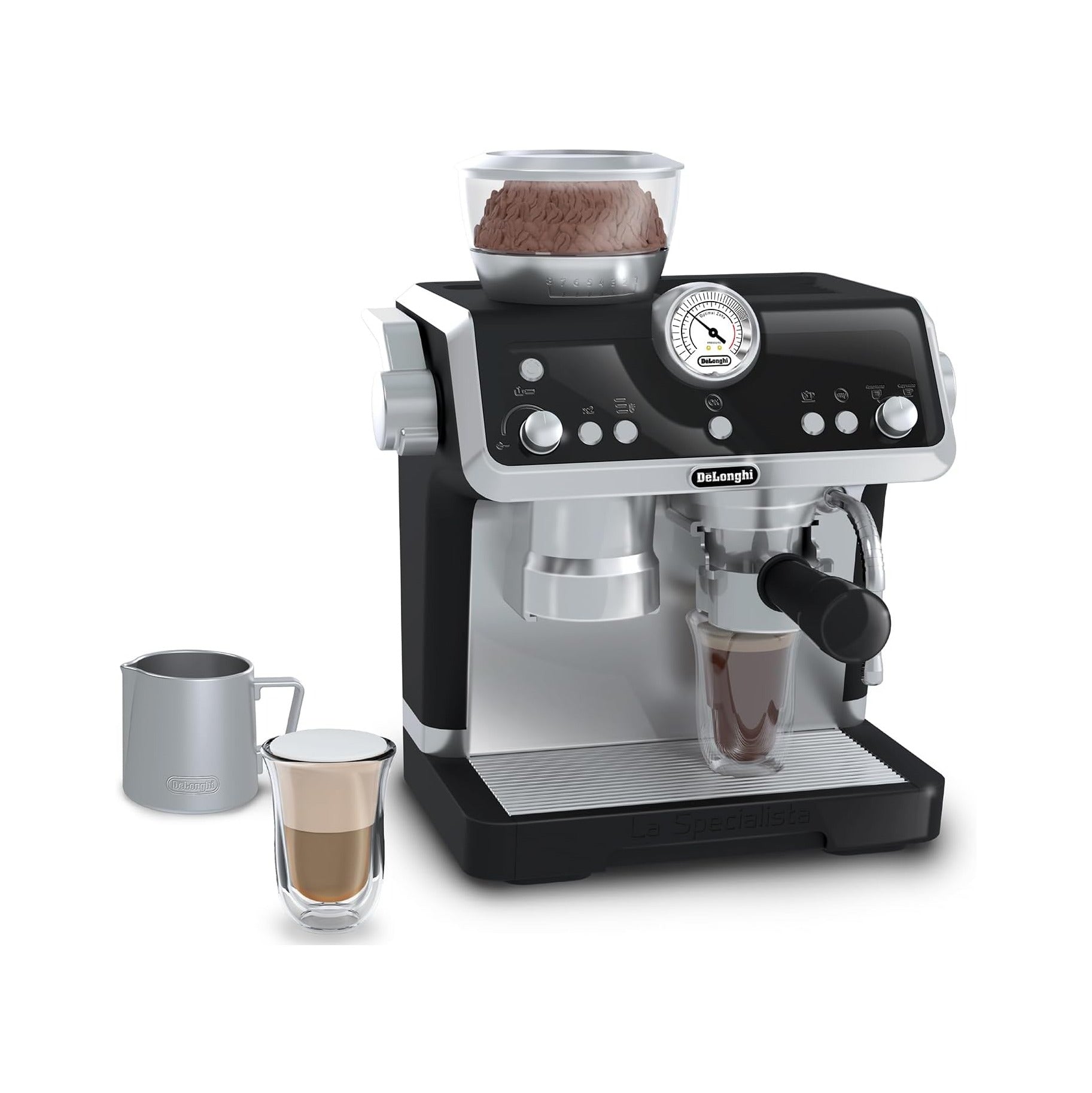 De'Longhi Toys Barista Coffee Machine. Toy Kitchen Playset for Kids with Moving Parts, Realistic Sounds and Magic Coffee Reveal. For Children Aged 3+, Silver, Black