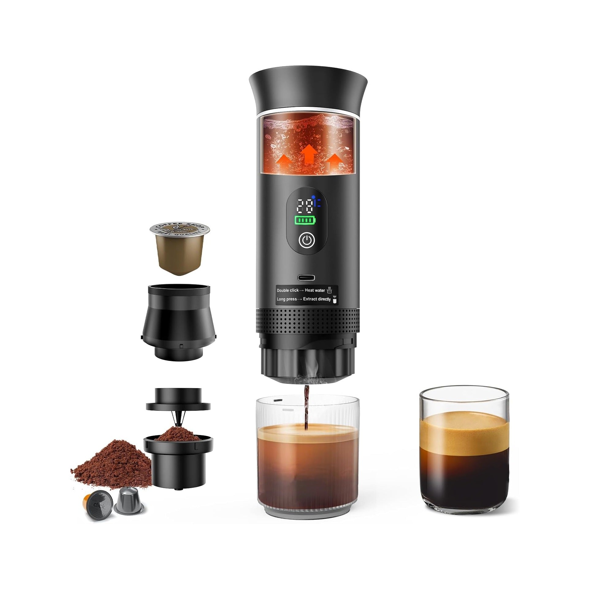 Portable Battery Espresso Coffee Maker for Travel, 20 bar Smart Display Mini Car Espresso Machines, 3-in-1 Self-Heating Electric Espresso Maker, USB-C Ground Coffee & Capsule Pod(Ns&DG) RV, Hiking