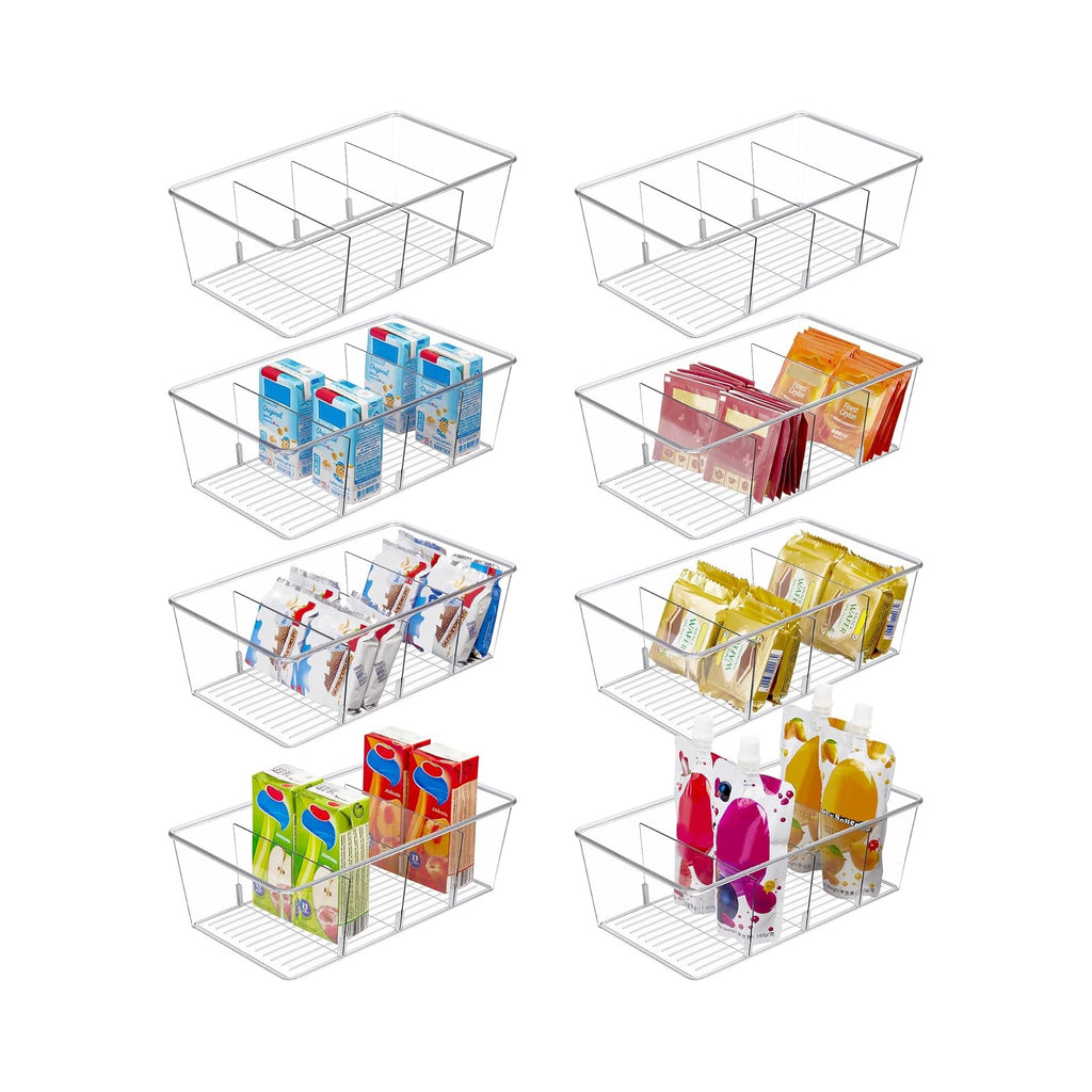 Food Storage Organizer Bins, Clear Plastic Bins for Pantry, Kitchen, Fridge, Cabinet Organization and Storage, 4 Compartment Holder for Packets, Snacks, Pouches, Spice Packets