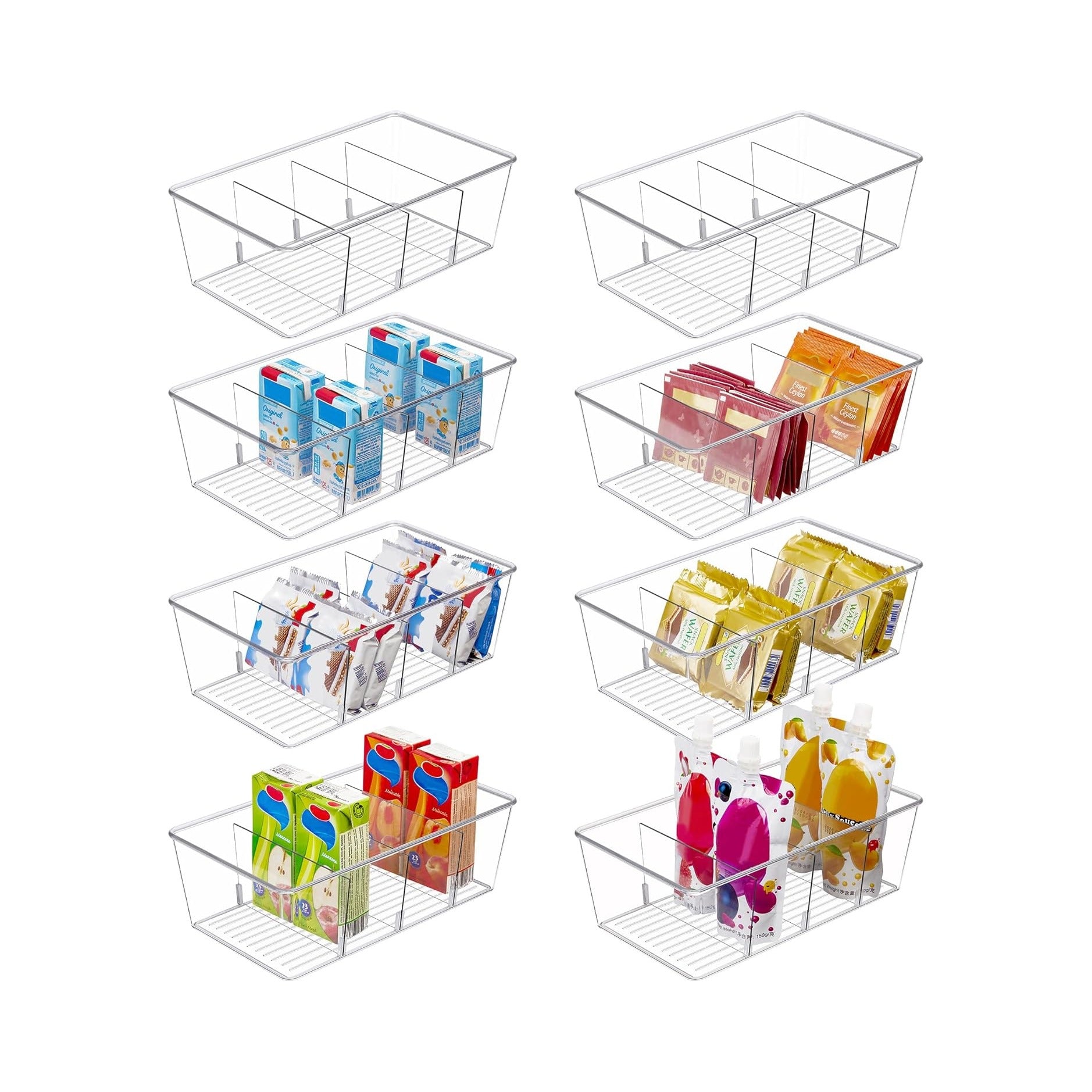 Food Storage Organizer Bins, Clear Plastic Bins for Pantry, Kitchen, Fridge, Cabinet Organization and Storage, 4 Compartment Holder for Packets, Snacks, Pouches, Spice Packets