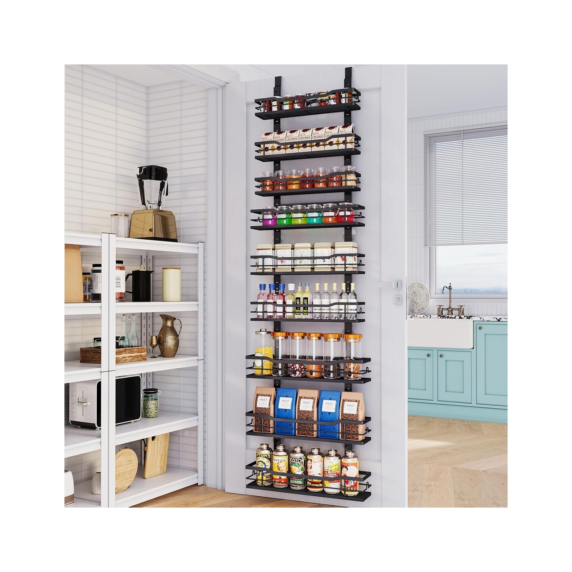 Over The Door Pantry Organizer，9-Tier Over The Door Organizer with Adjustable Basket，Metal Hanging Pantry Organizers and Storage for Kitchen, Back of Door Seasoning Rack
