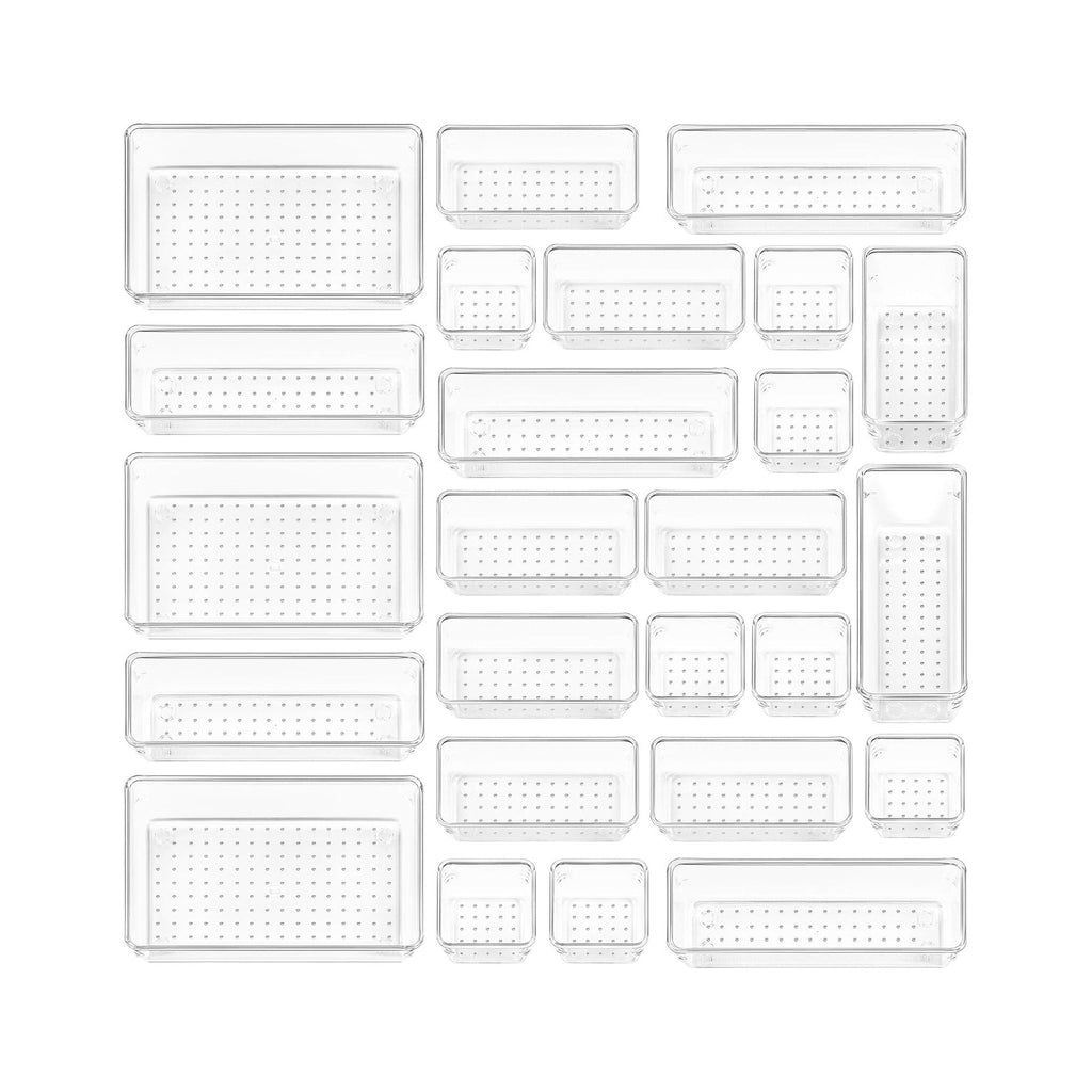 25 PCS Clear Plastic Drawer Organizers Set, 4-Size Versatile Bathroom and Vanity Drawer Organizer Trays, Storage Bins for Makeup, Bedroom, Kitchen Gadgets Utensils and Office