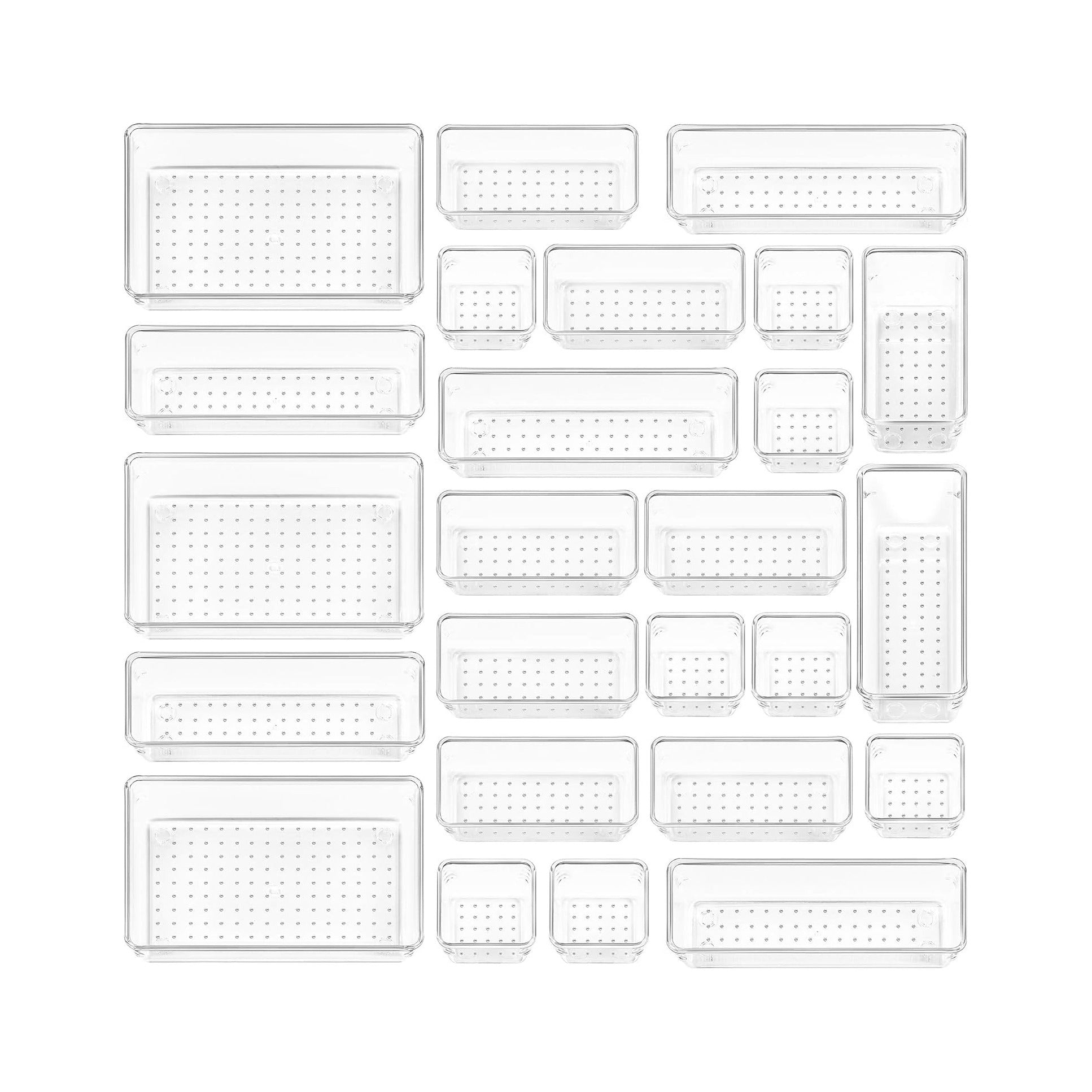 25 PCS Clear Plastic Drawer Organizers Set, 4-Size Versatile Bathroom and Vanity Drawer Organizer Trays, Storage Bins for Makeup, Bedroom, Kitchen Gadgets Utensils and Office