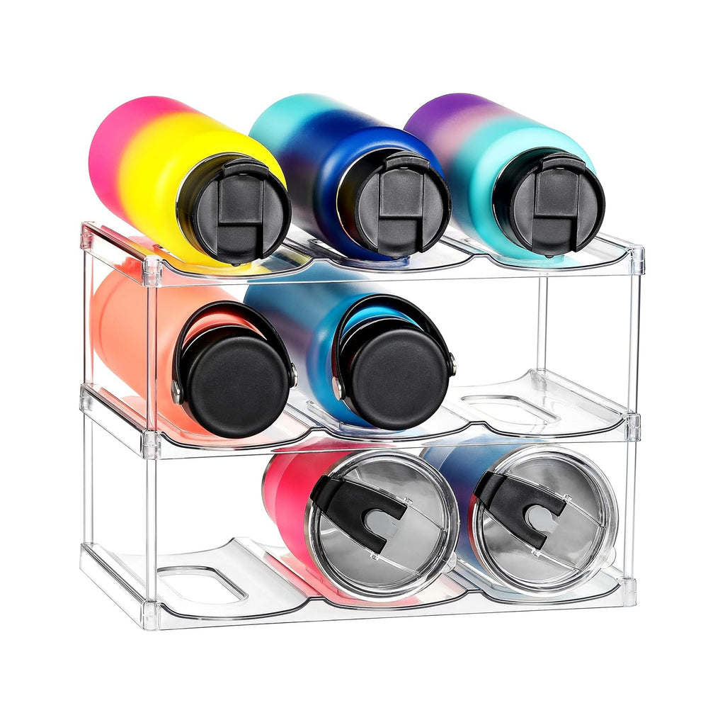 Compartment - Stackable Water Bottle Organizer Holder - for Stanley & Others' Large Tumbler - Clear Wine Rack, Cup Bottle Holder for Cabinet Home Countertop Fridge Pantry Shelf, 3 Tier Hold 9